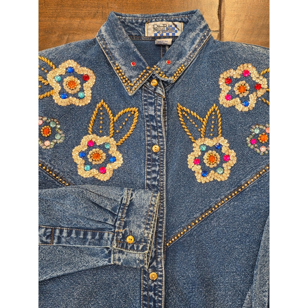 VTG Western Gothic Cottagecore Acid Wash Denim Shacket Rhinestone Floral M
